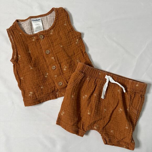Gerber Just Born Collection 100% Cotton Waffle Weave 2pc Brown Palm Tree Set - Picture 1 of 6